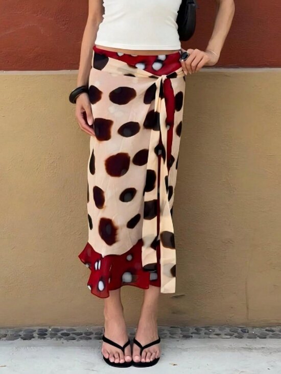 Dresses & Skirts - Khaki Casual Women's Polka Dot Wrap Tie Ruffle Bodycon Midi Skirt
